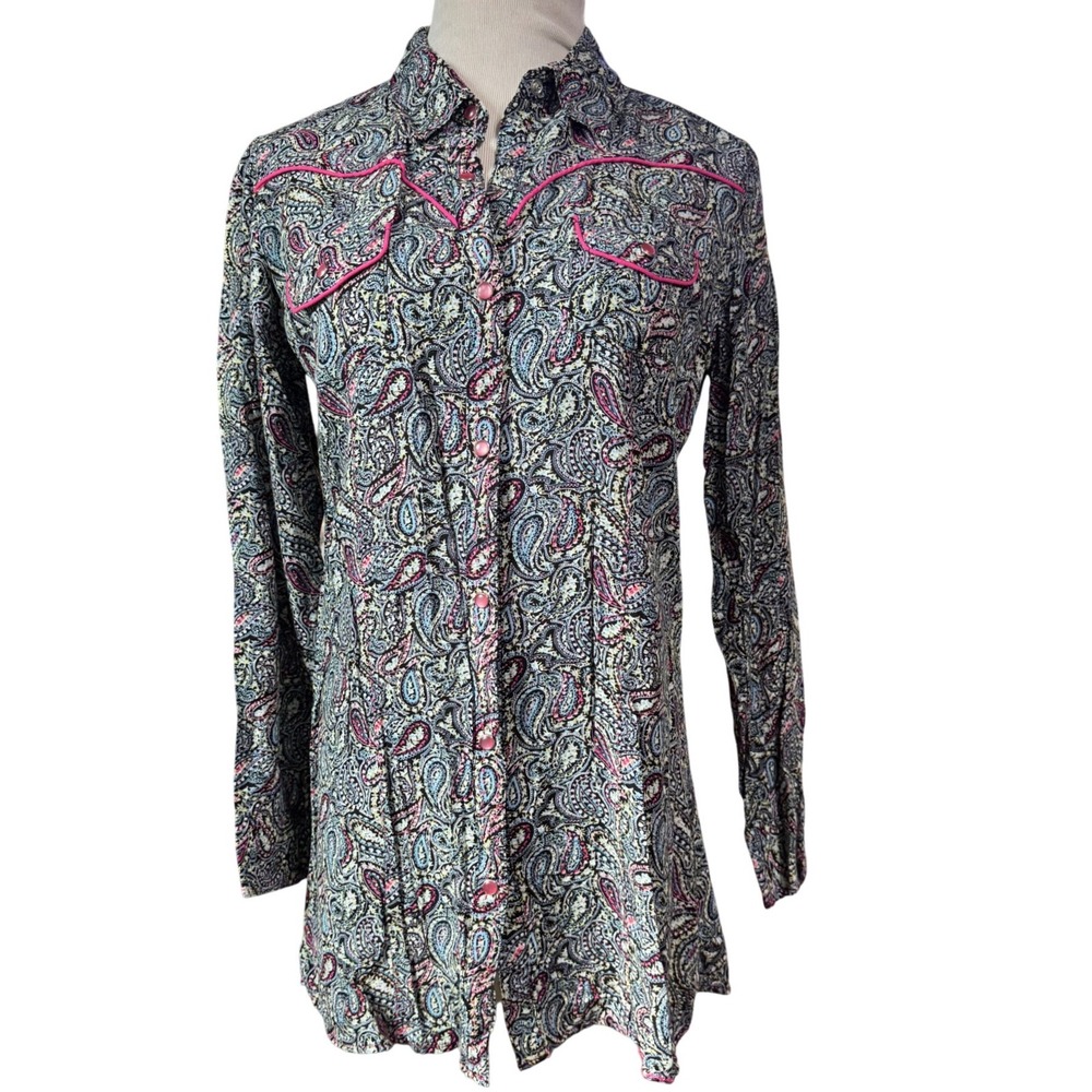 Cowgirl Up Western Shirt Womens Large Paisley Rayon Pearl Snap Western Boho Pink